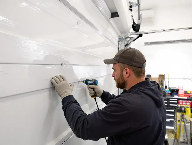 Alafaya Garage Door Repair technician demonstrating precision dent removal techniques on a Alafaya garage door