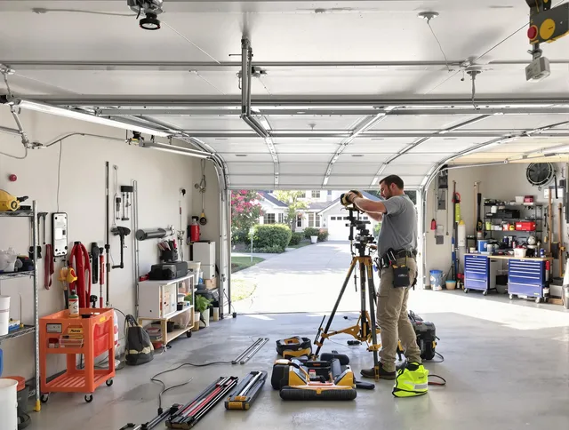 Alafaya Garage Door Repair specialist performing laser-guided track alignment in Alafaya